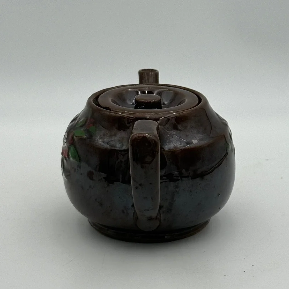 Vintage Made in Japan Brown Glazed Ceramic Floral Teapot Hand Painted 4.5 Inch